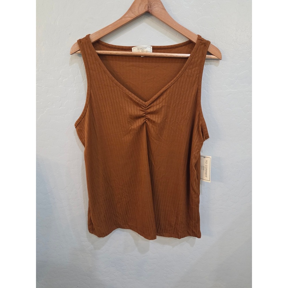 New Womans No Comment Plus Rust Brown Ribbed V-Neck Ruched Tank Top Blouse 1XL